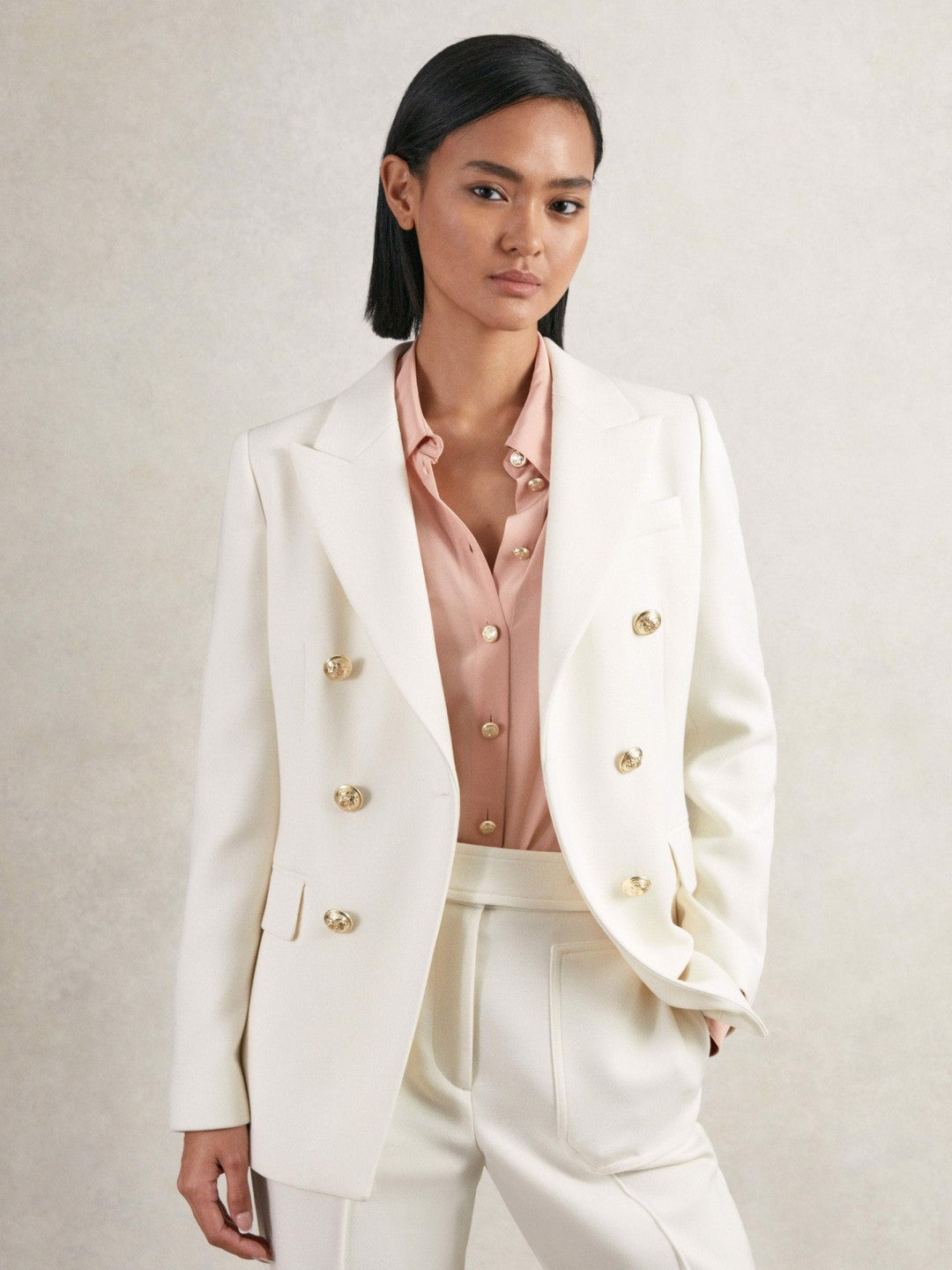 Petite Double-Breasted Twill Suit Blazer With Wool White | Women