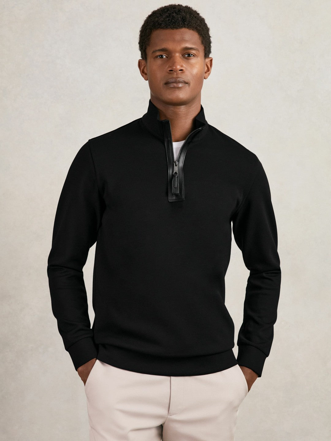 Leather-Placket Interlock Sweatshirt Black | Men