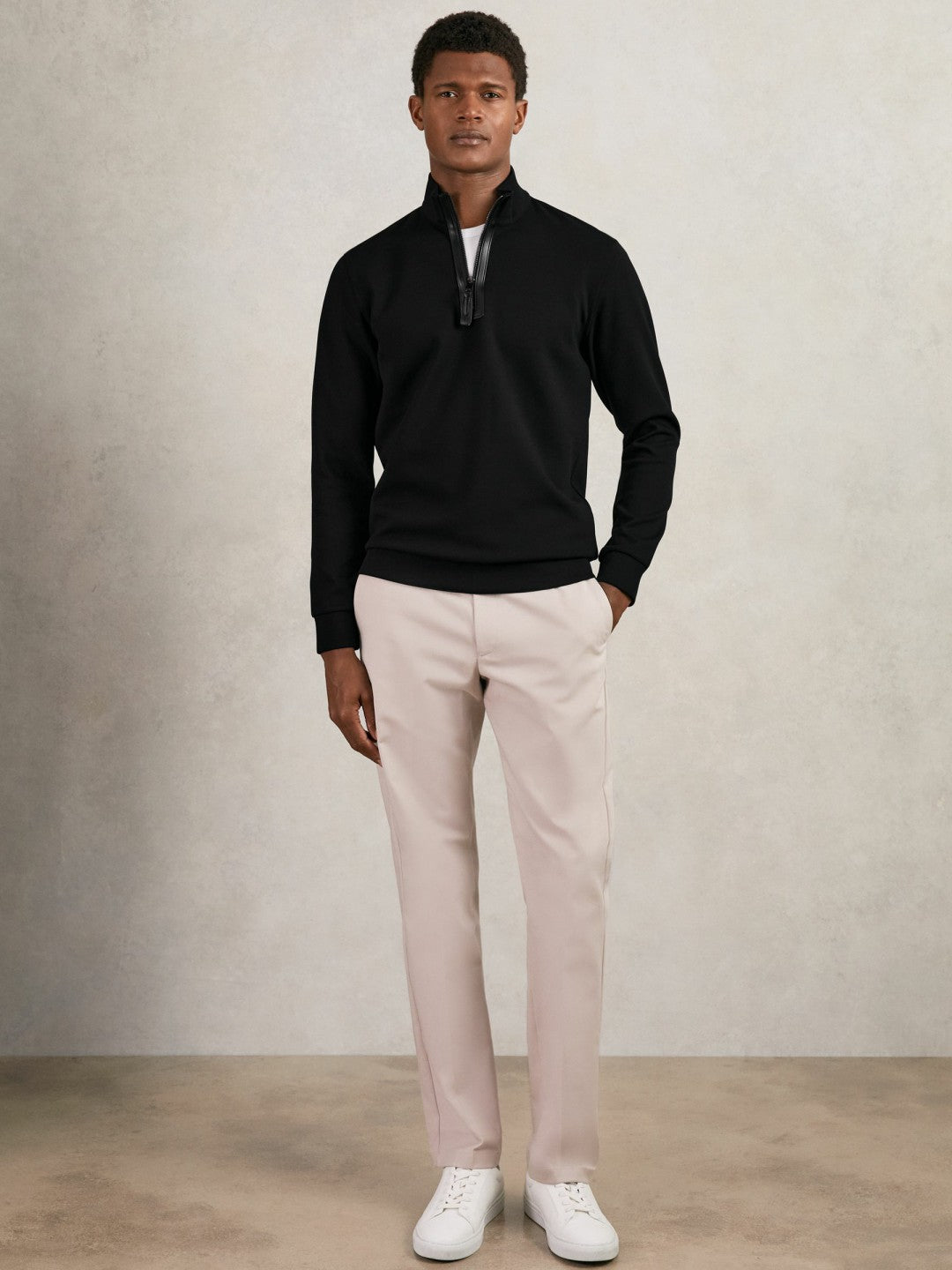 Leather-Placket Interlock Sweatshirt Black | Men