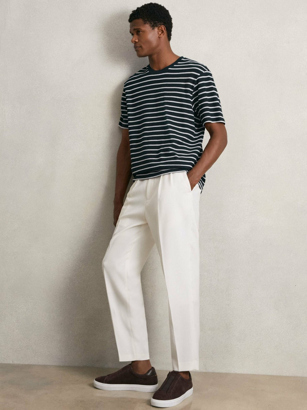 Cotton Textured Stripe T-Shirt White/Navy | Men