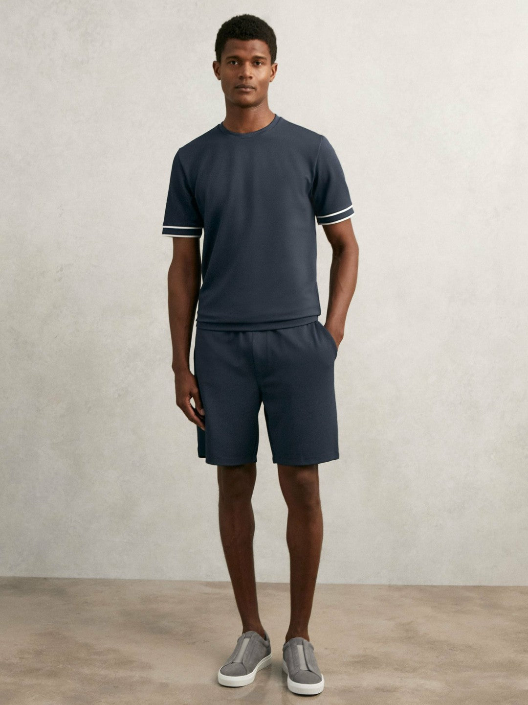 Textured Crew-Neck Tipped T-Shirt Airforce Blue | Men