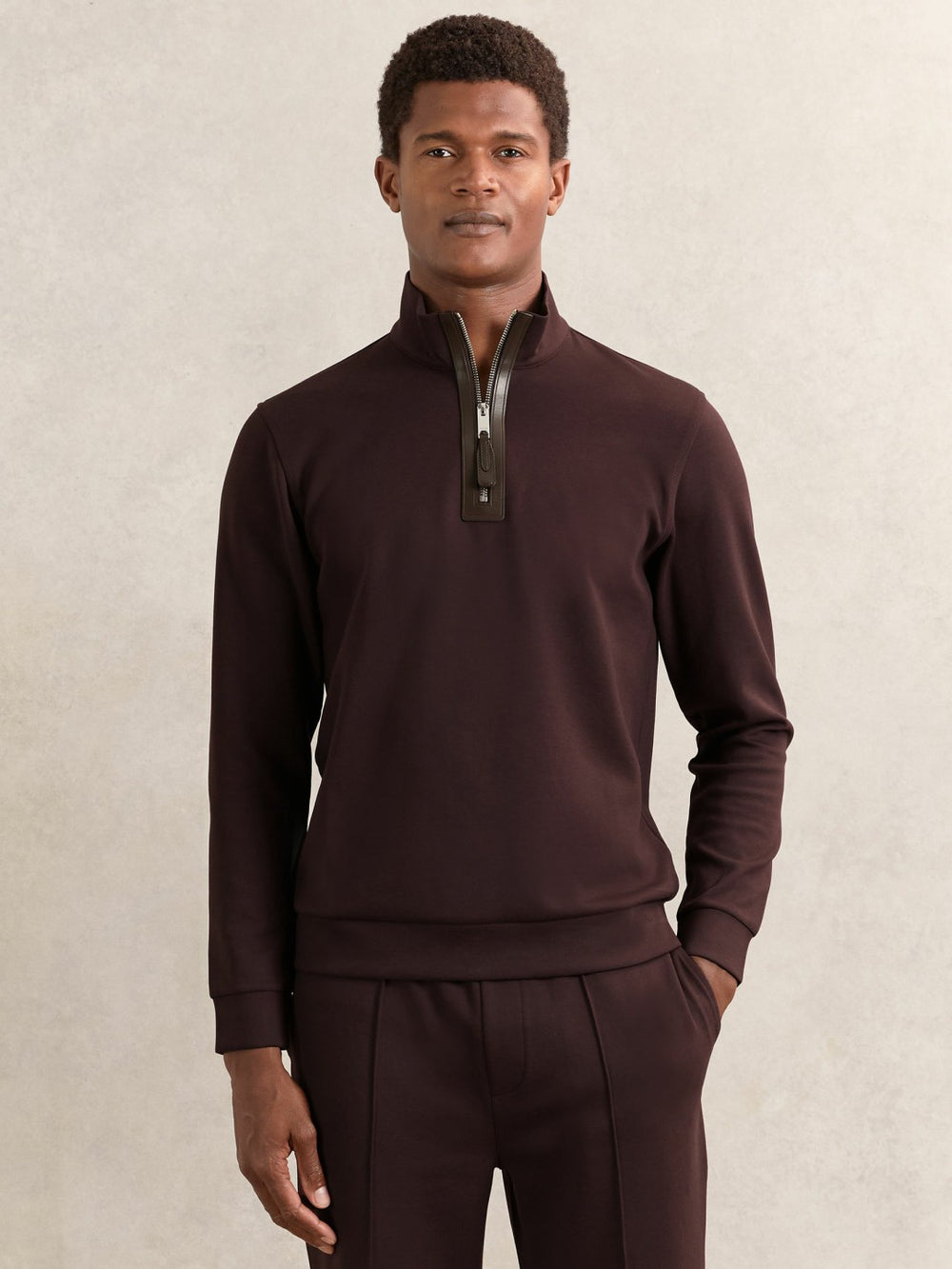 Leather-Placket Interlock Sweatshirt Cherry Red | Men