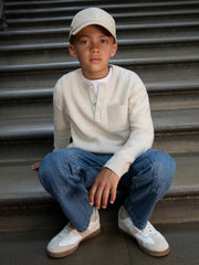 3-9 yrs Cotton-Blend Rib-Knit Henley Top Oatmeal Melange | Children & Baby