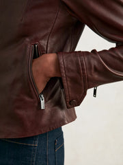 Fitted Leather Biker Jacket Burgundy | Women