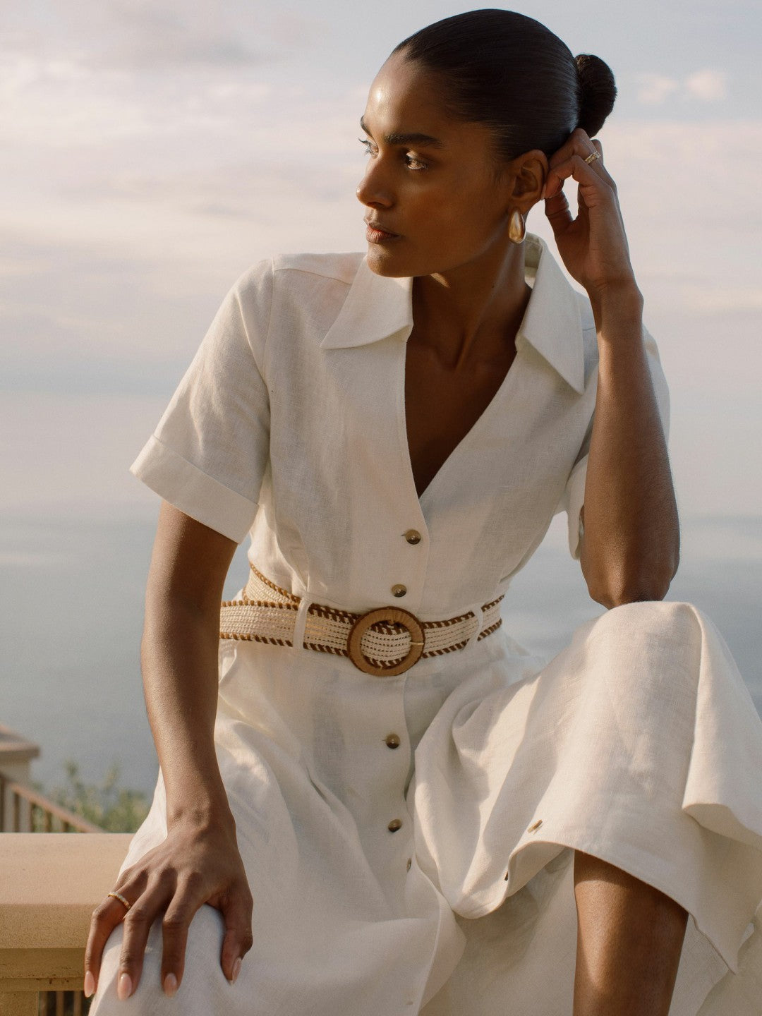 Petite Linen Belted Midi Shirt Dress Ivory | Women