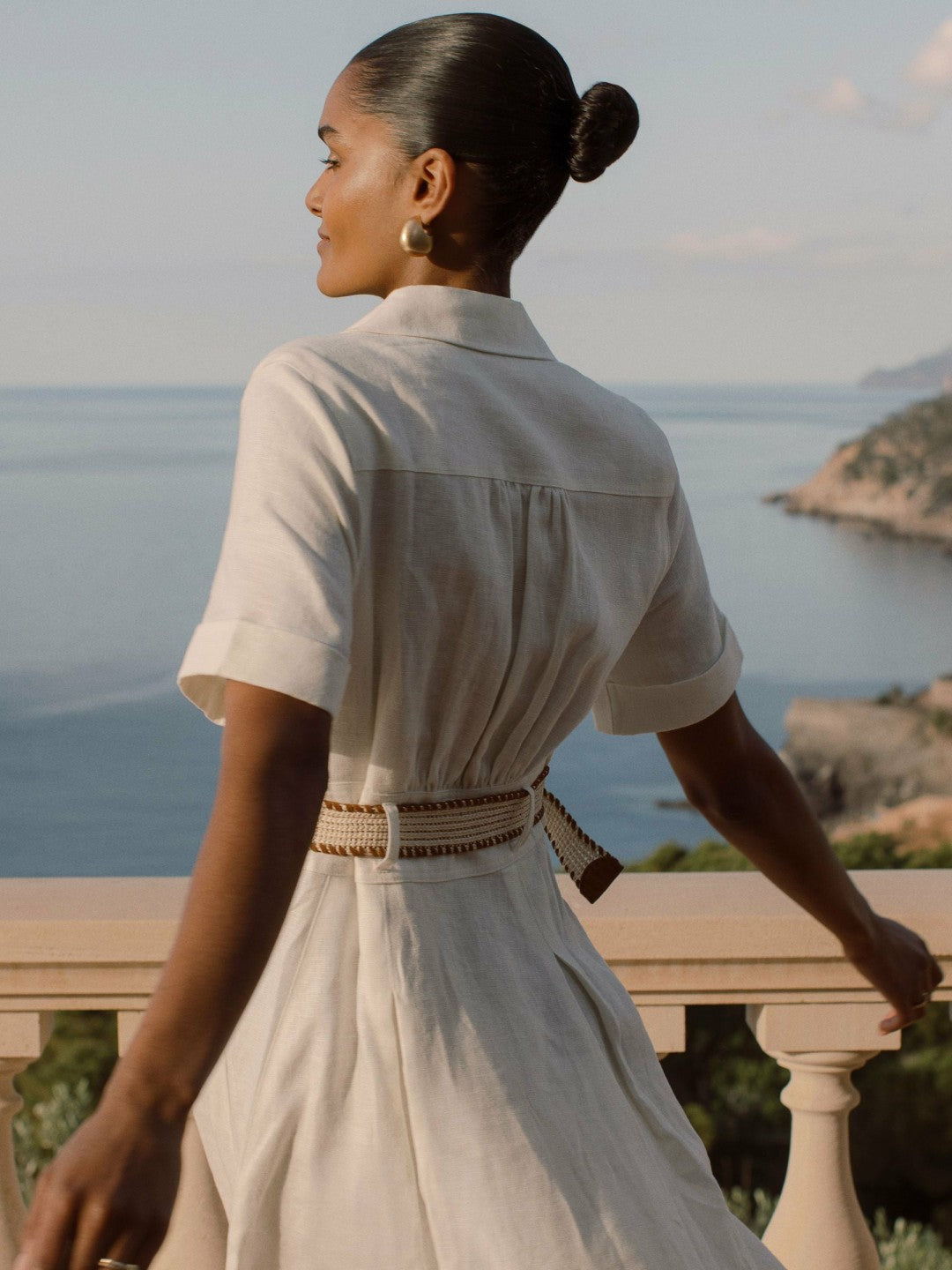 Petite Linen Belted Midi Shirt Dress Ivory | Women