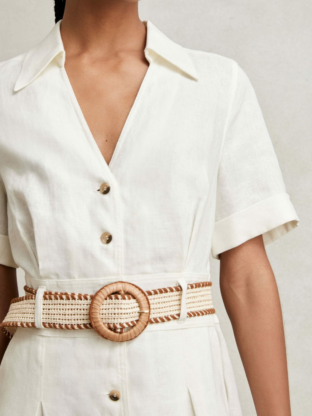 Petite Linen Belted Midi Shirt Dress Ivory | Women