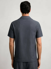 Textured-Stripe Cuban-Collar Shirt Petrol Blue | Men