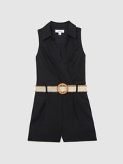 Linen Belted Sleeveless Wrap Playsuit Navy | Women