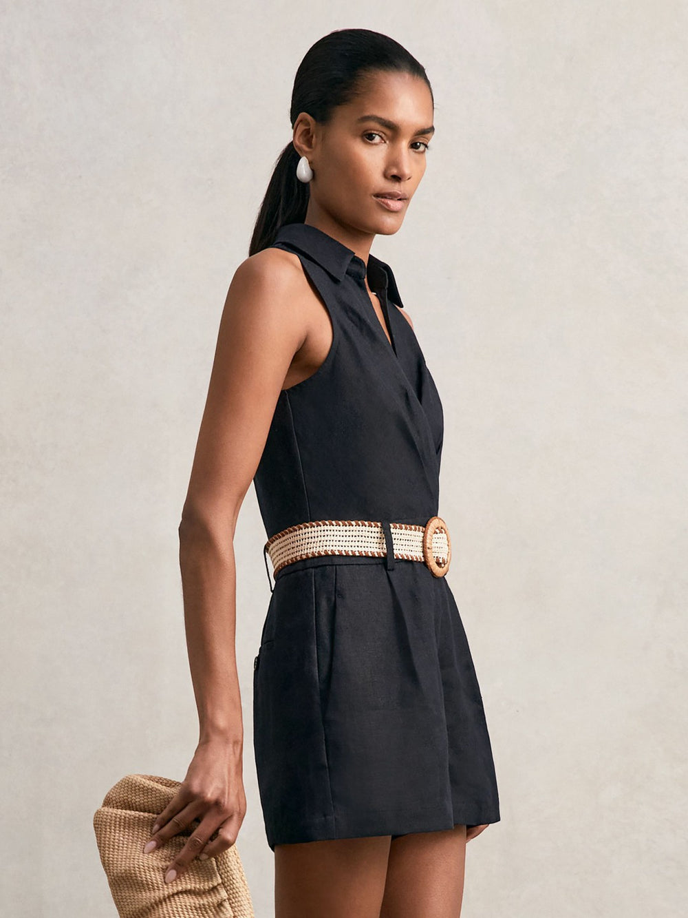 Linen Belted Sleeveless Wrap Playsuit Navy | Women