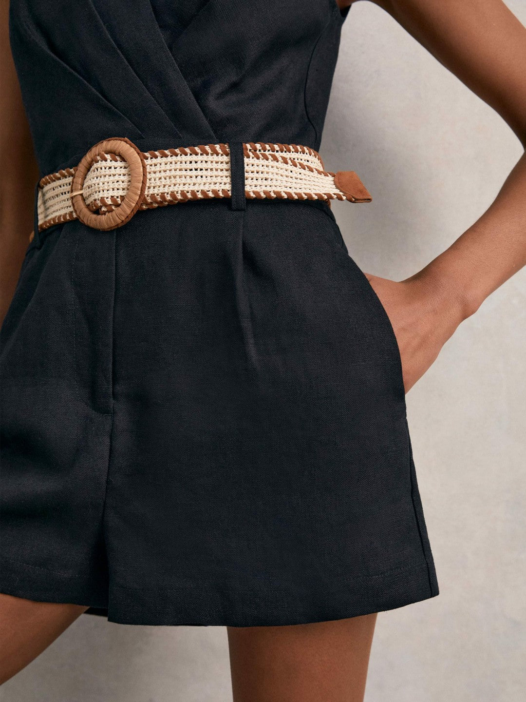 Linen Belted Sleeveless Wrap Playsuit Navy | Women