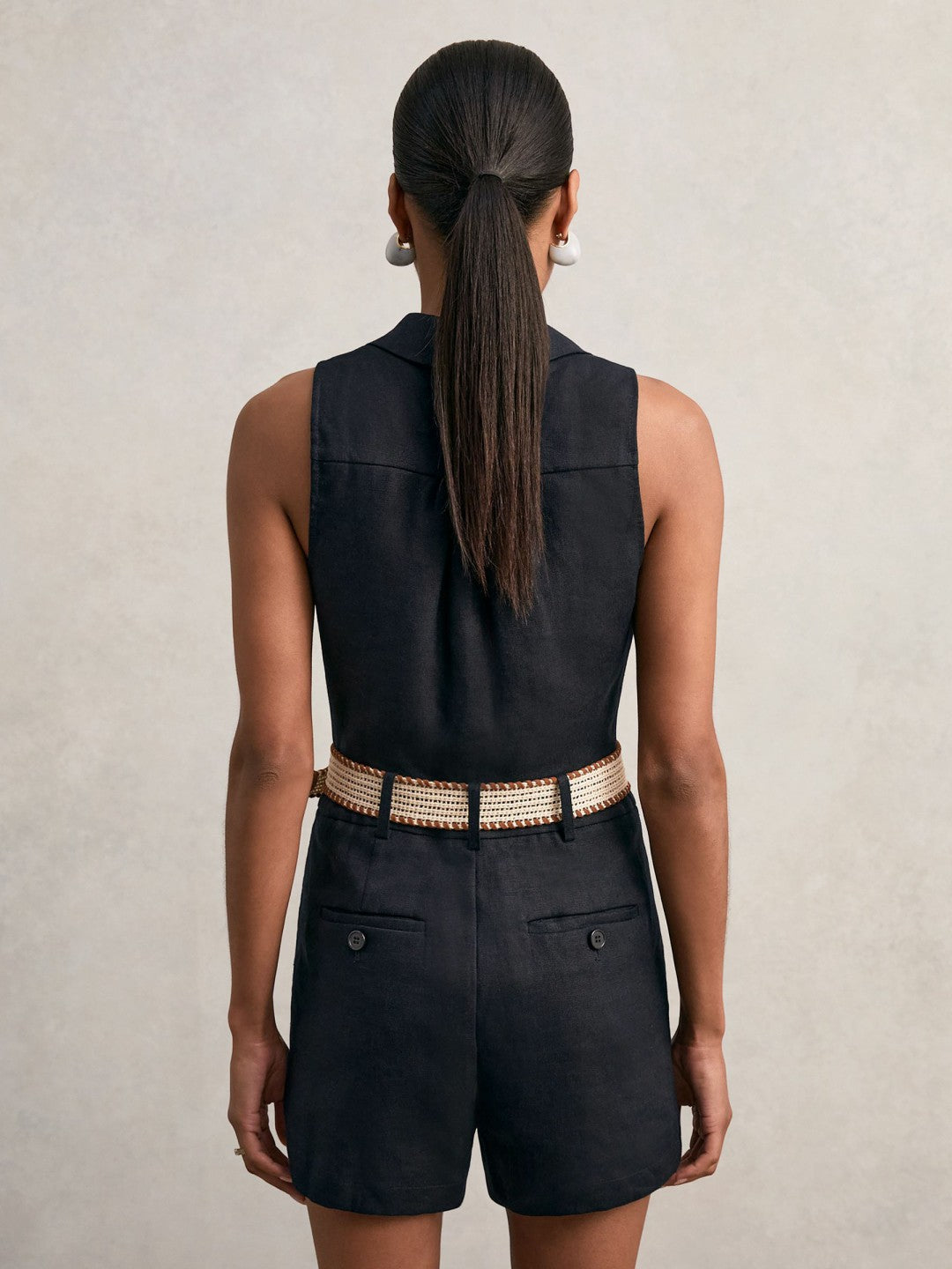 Linen Belted Sleeveless Wrap Playsuit Navy | Women