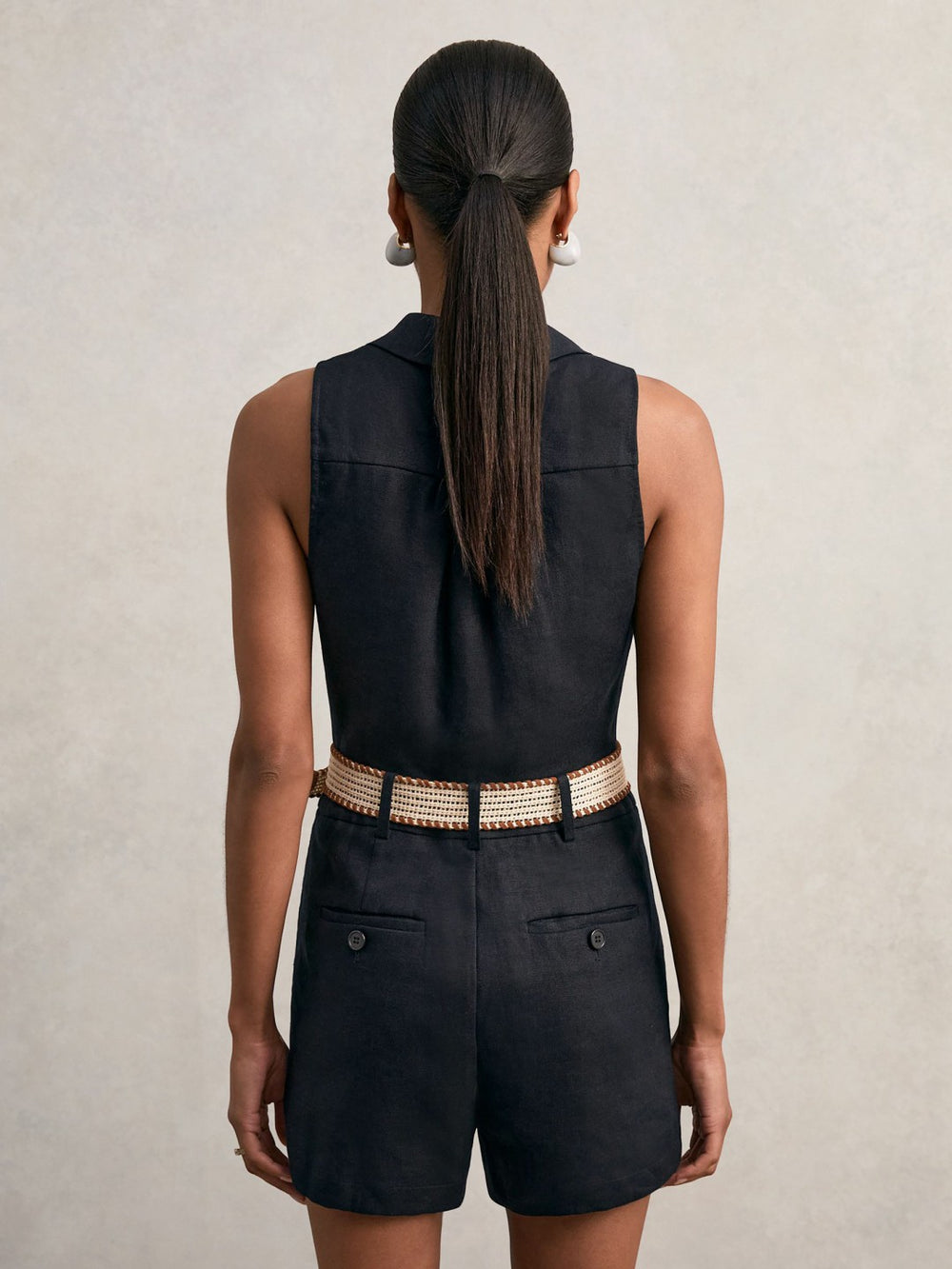 Linen Belted Sleeveless Wrap Playsuit Navy | Women