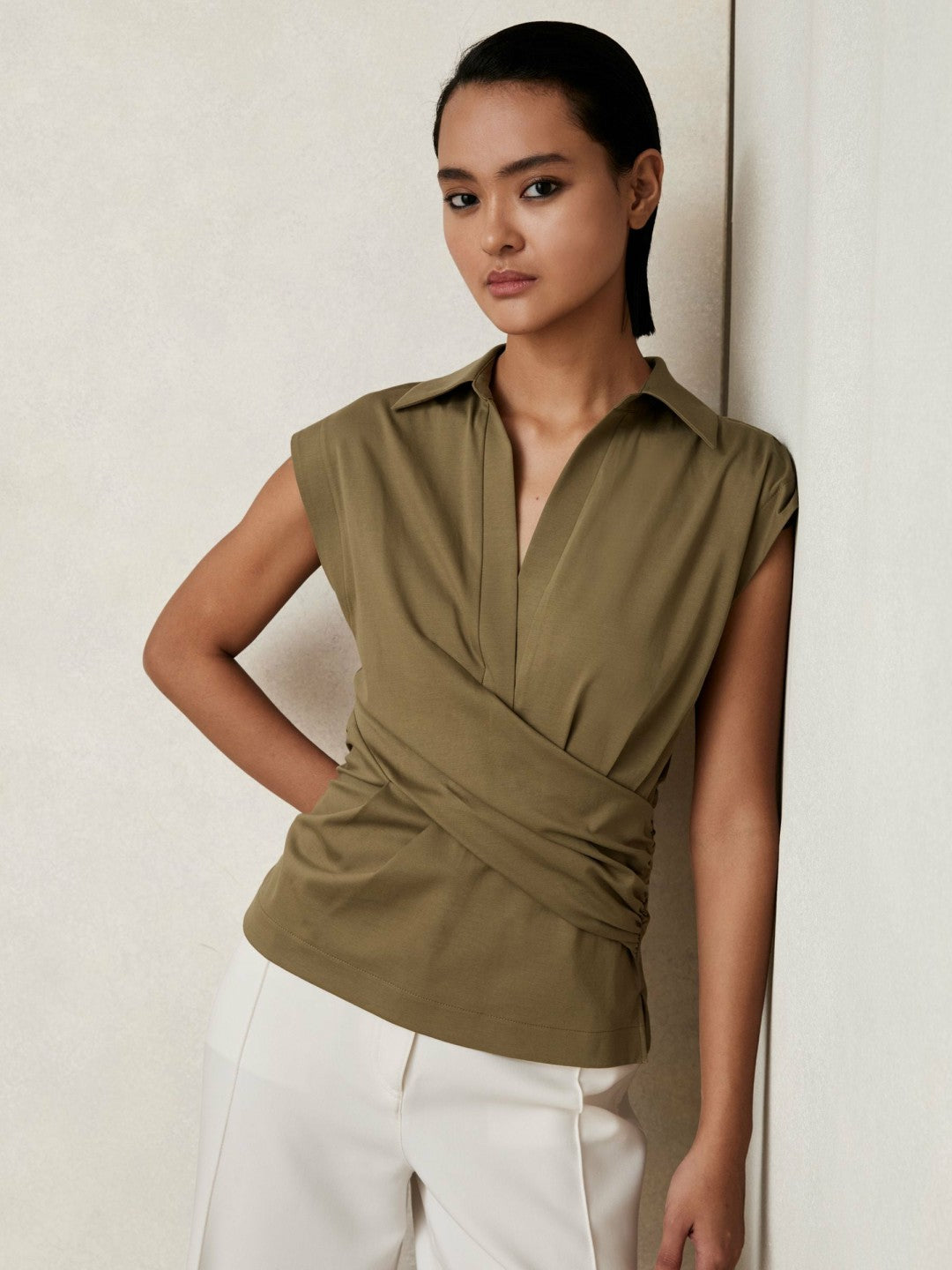 Stretch-Cotton Wrap-Front Collar Top Khaki Green | Women