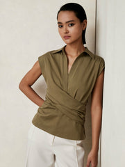 Stretch-Cotton Wrap-Front Collar Top Khaki Green | Women