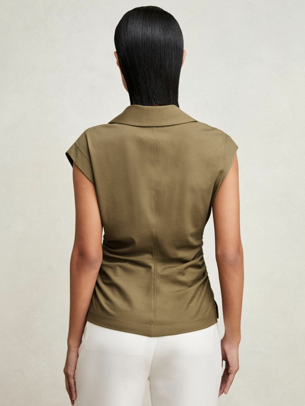 Stretch-Cotton Wrap-Front Collar Top Khaki Green | Women