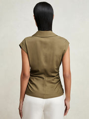 Stretch-Cotton Wrap-Front Collar Top Khaki Green | Women