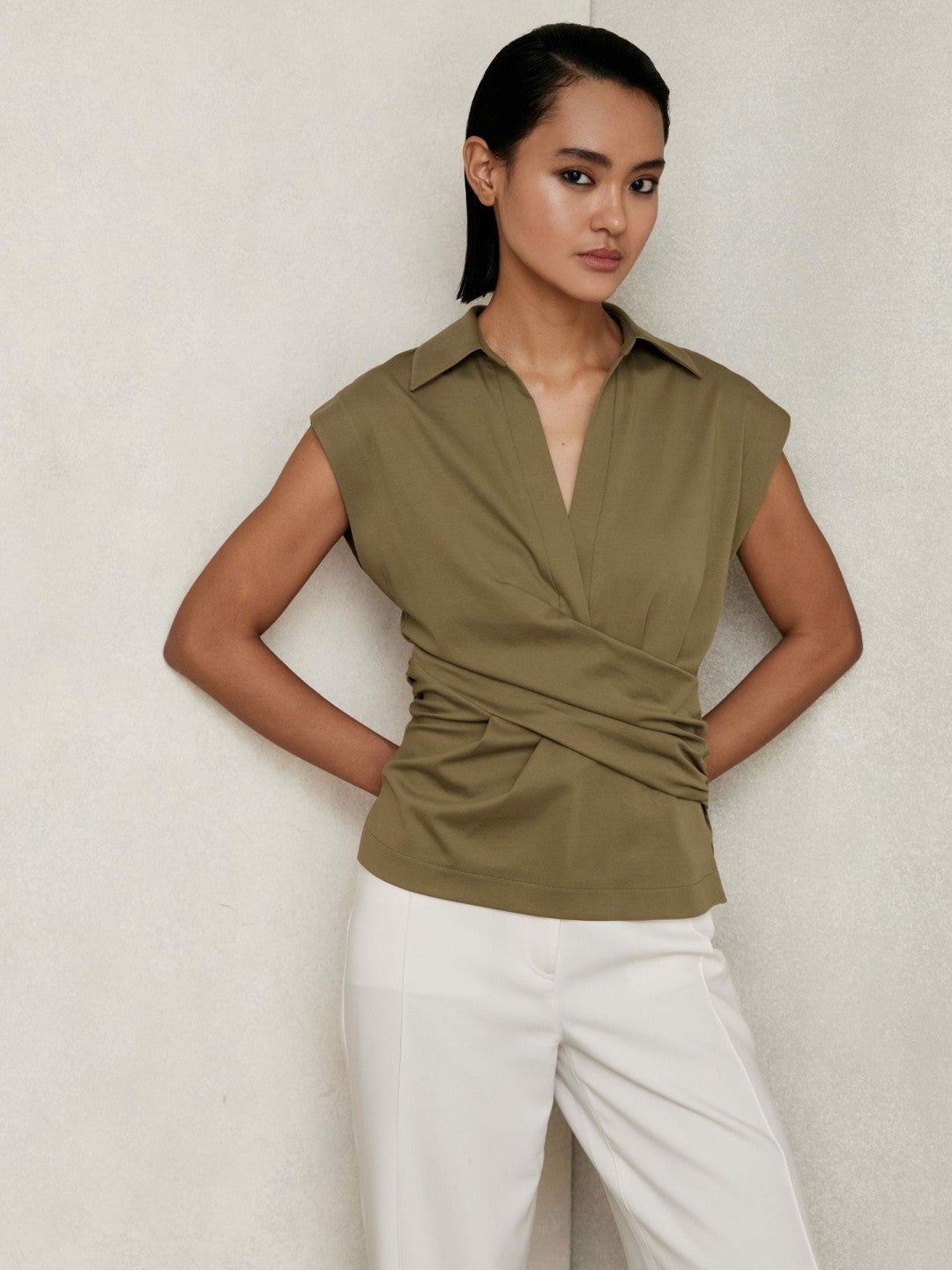 Stretch-Cotton Wrap-Front Collar Top Khaki Green | Women