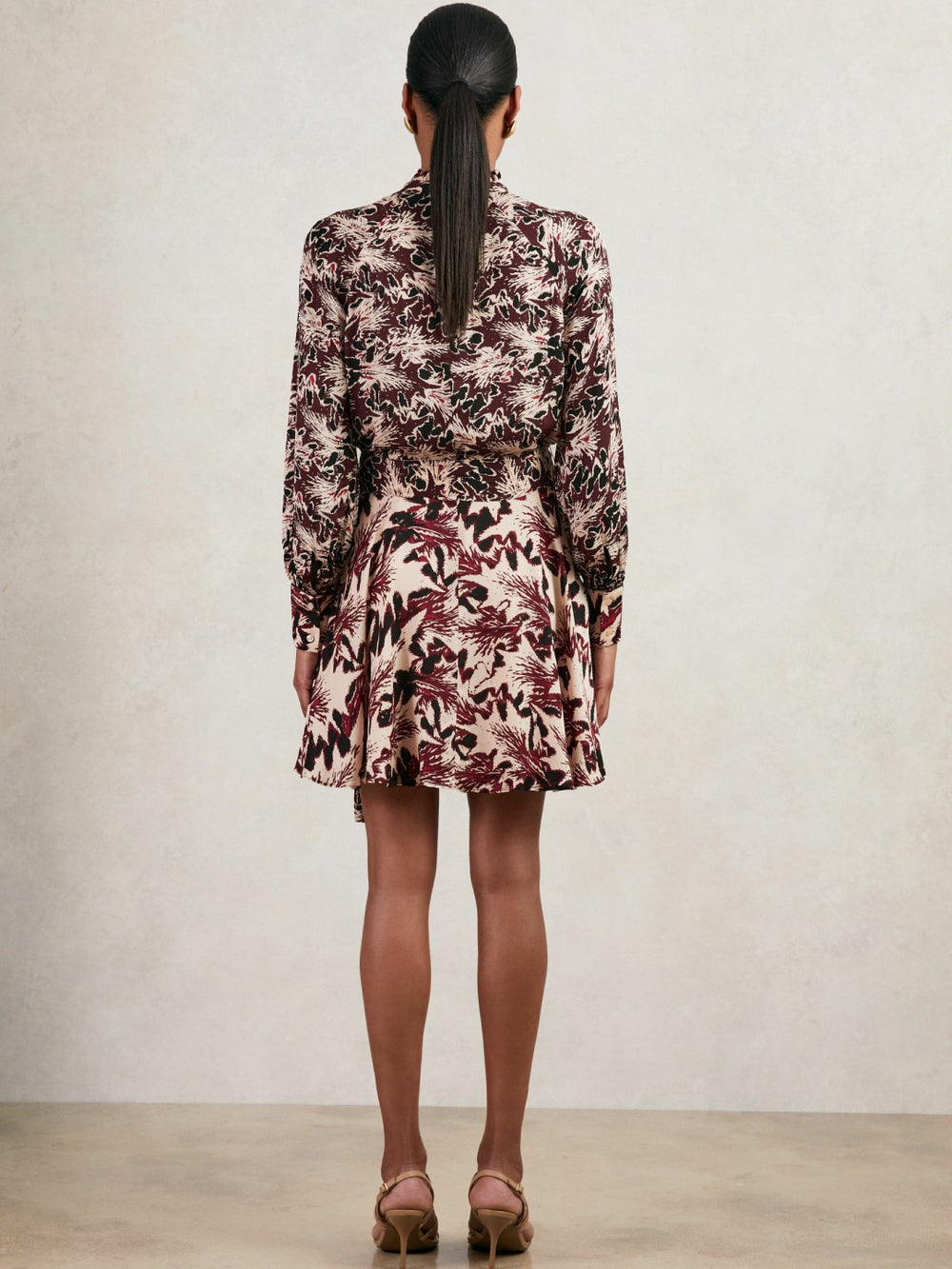 Printed Tie-Waist Flippy Mini Dress Burgundy/Cream | Women