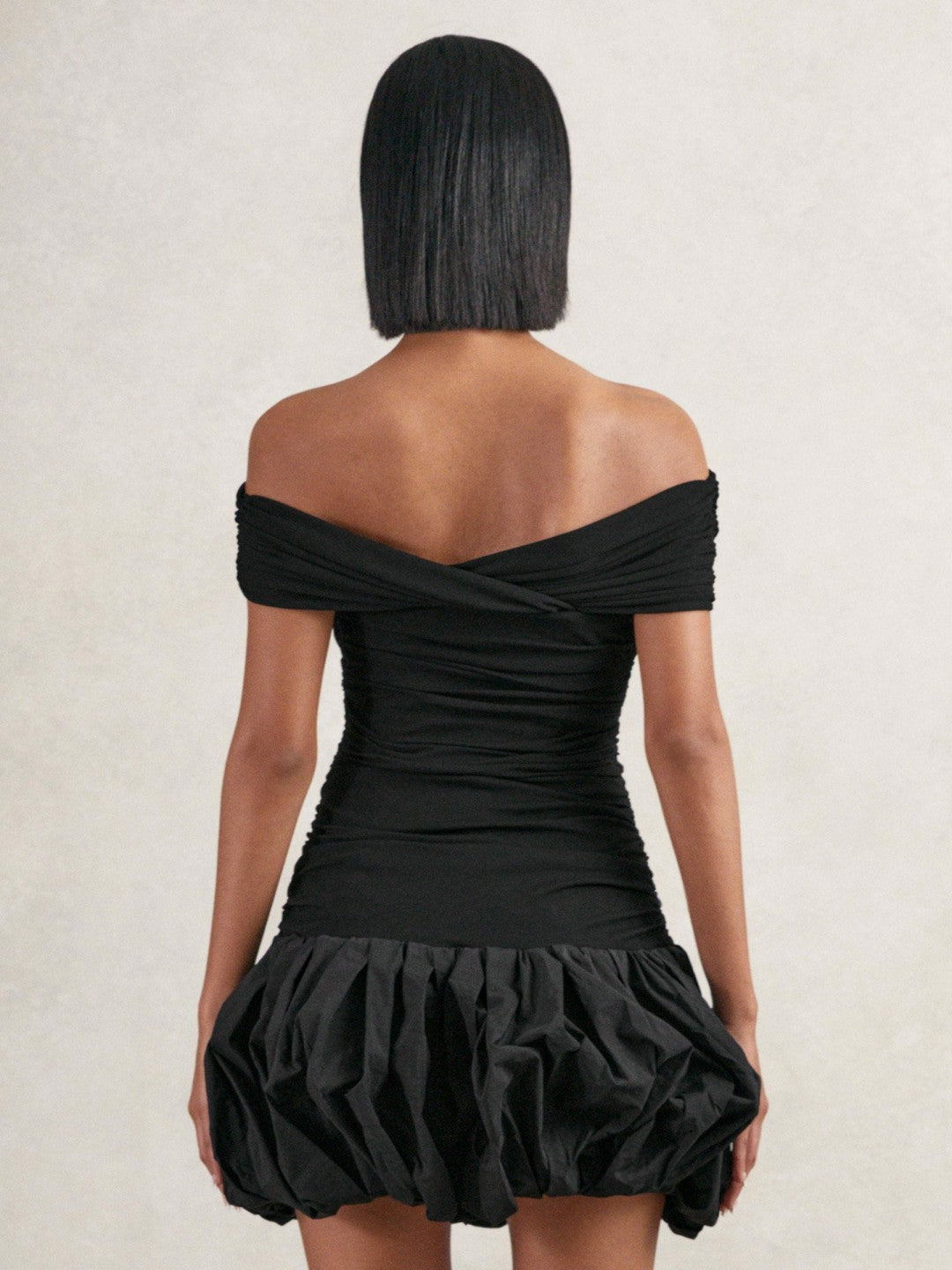 Off-Shoulder Puffball Mini Dress Black | Women