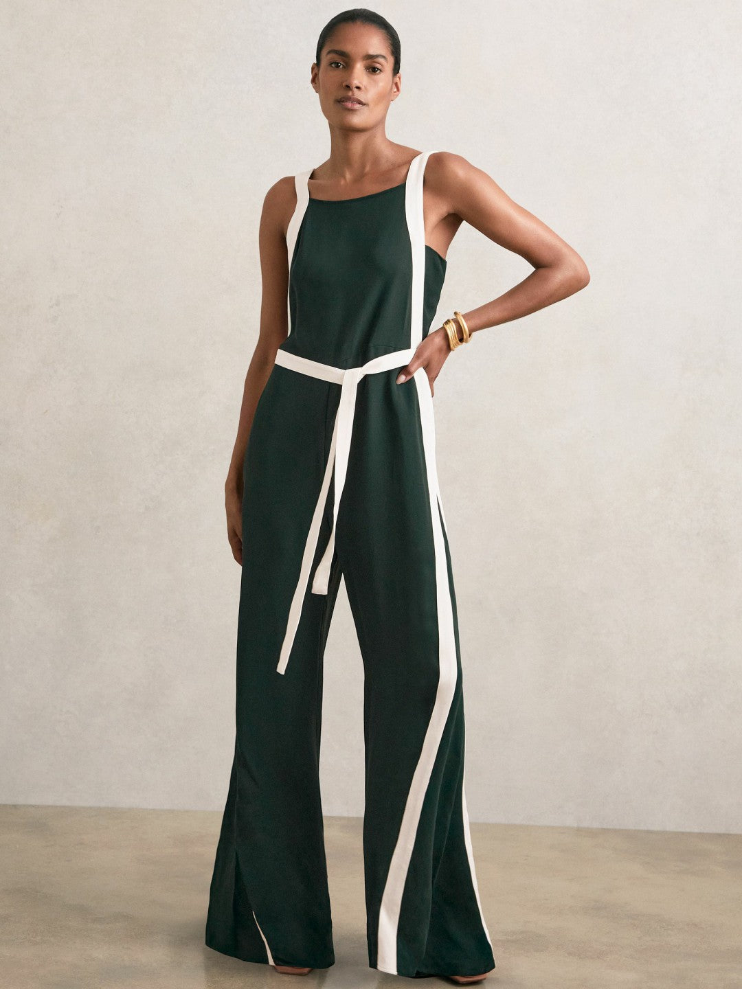 Colourblock Wide Leg Belted Jumpsuit Dark Green/Cream | Women
