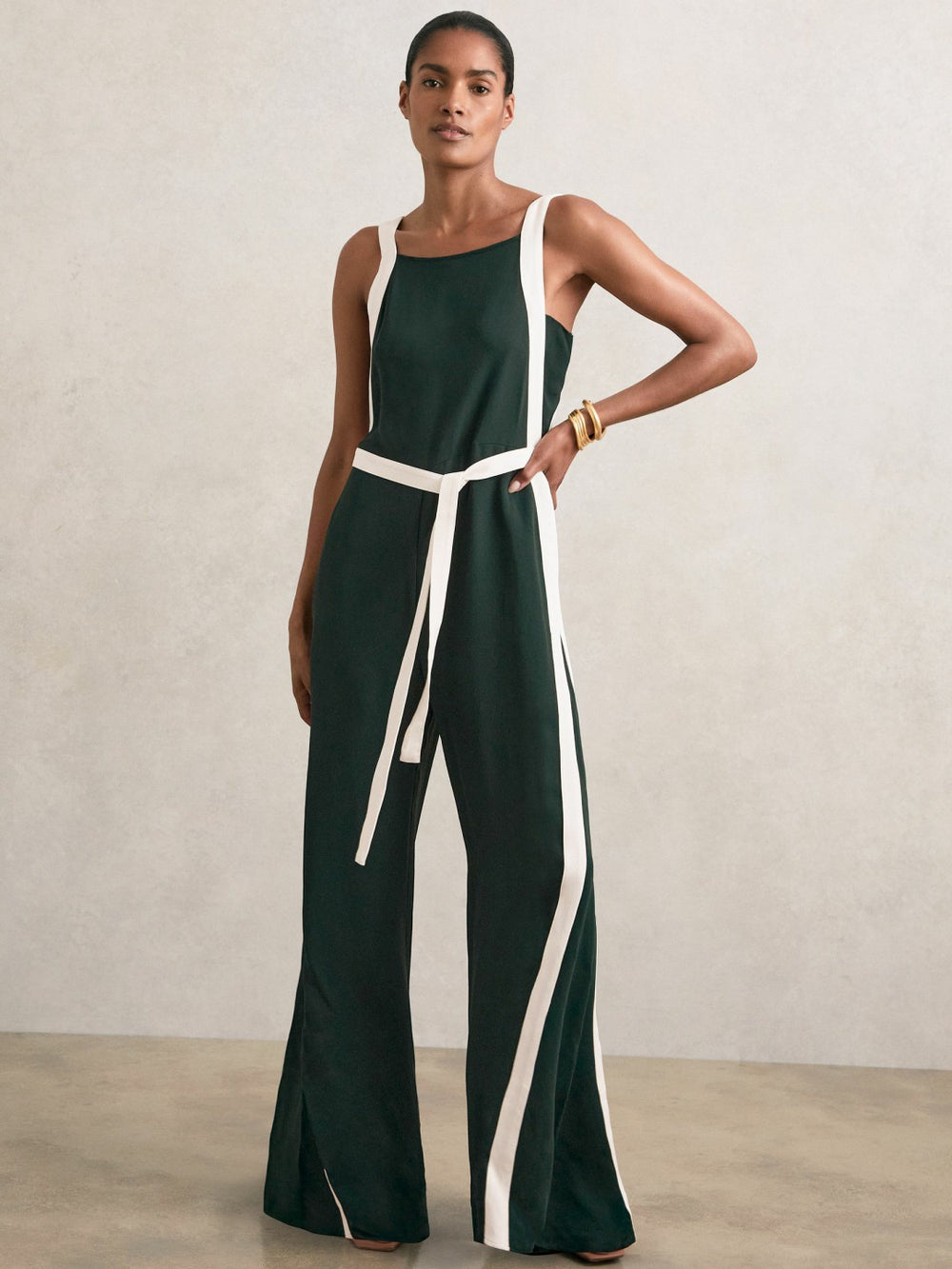 Colourblock Wide Leg Belted Jumpsuit Dark Green/Cream | Women