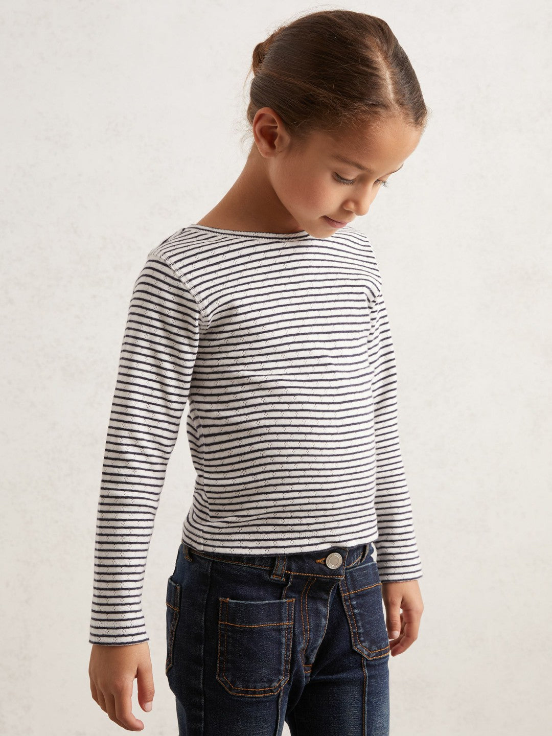 13-14 yrs Cotton Pointelle Long Sleeve Top Navy/White | Children & Baby