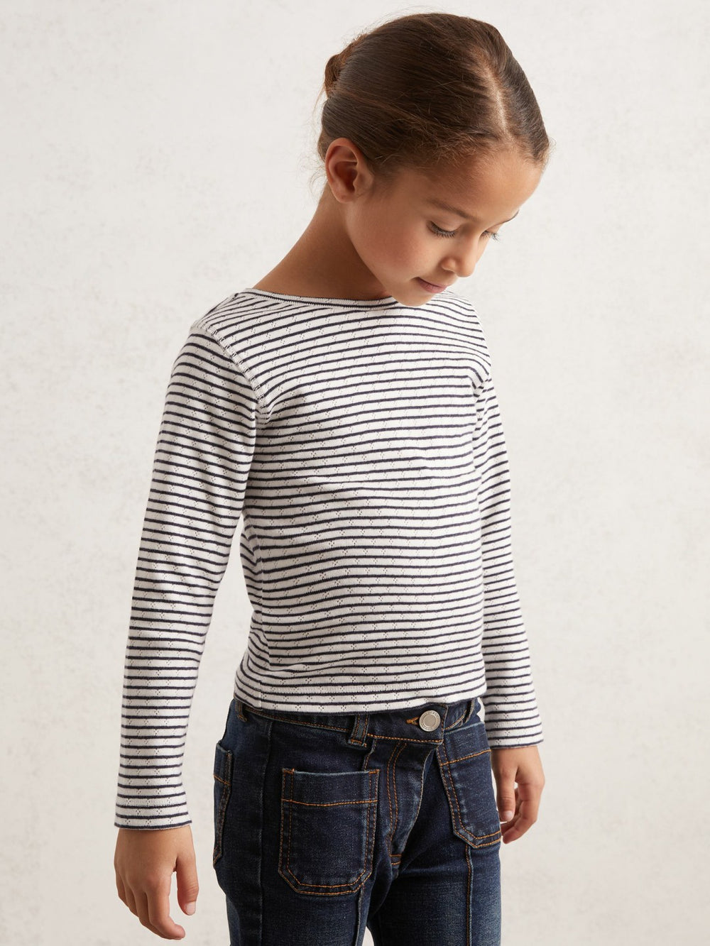 13-14 yrs Cotton Pointelle Long Sleeve Top Navy/White | Children & Baby