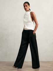 Petite Wide-Leg Contrast-Waistband Trousers Black | Women
