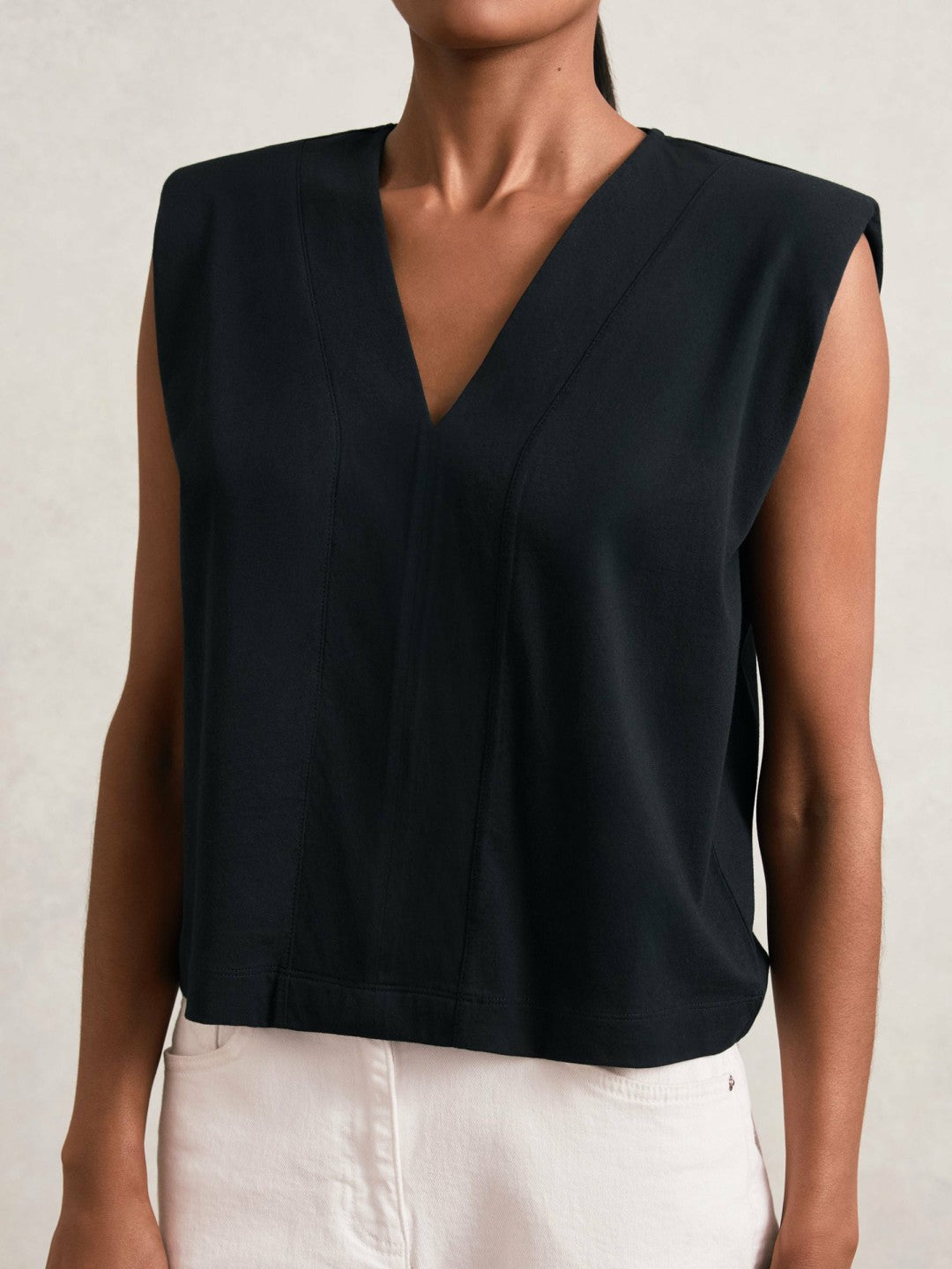 Cotton Shoulder-Pad V-Neck Top Navy | Women