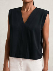 Cotton Shoulder-Pad V-Neck Top Navy | Women