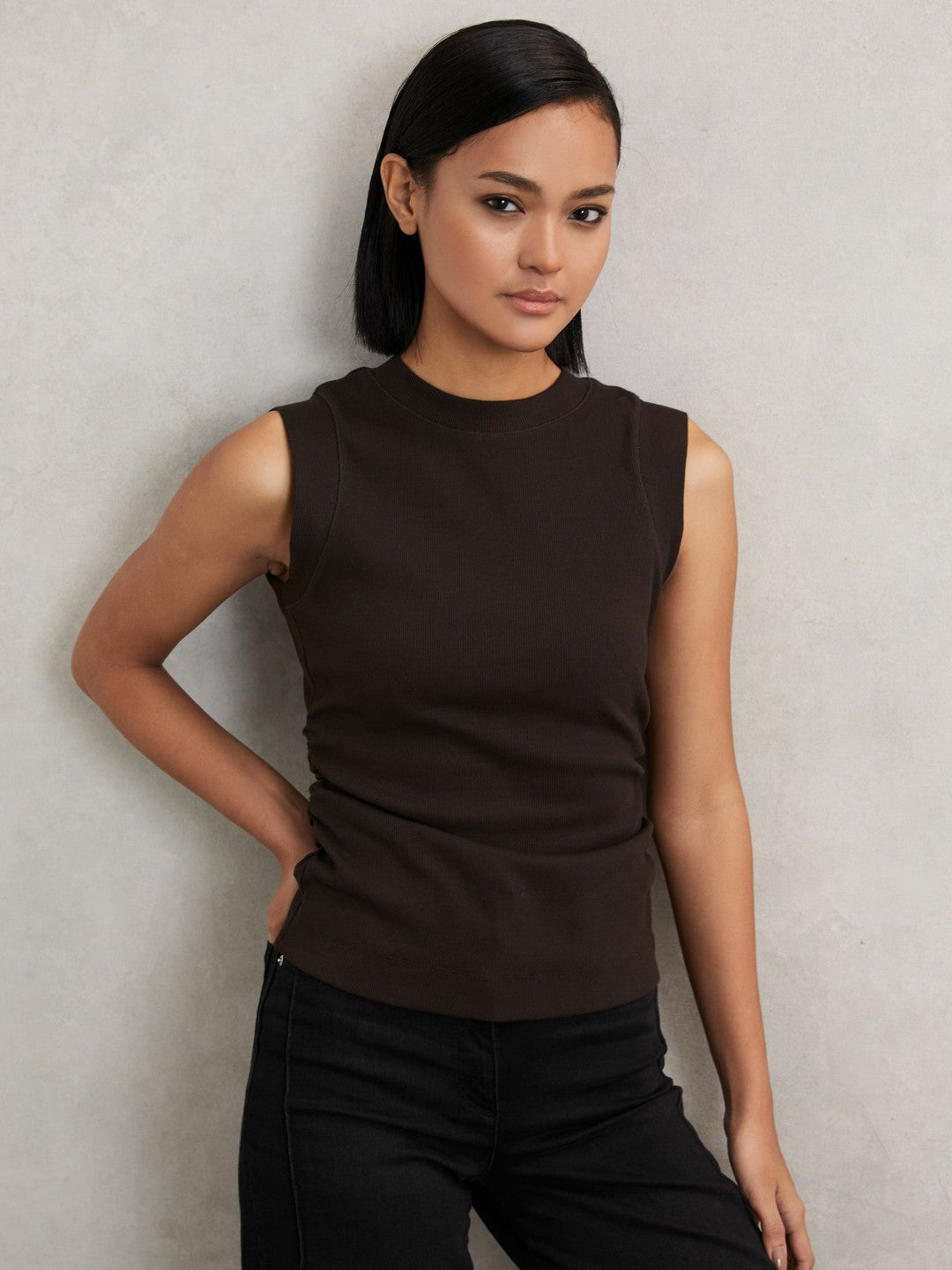 Ribbed Ruched Waist Vest Chocolate | Women