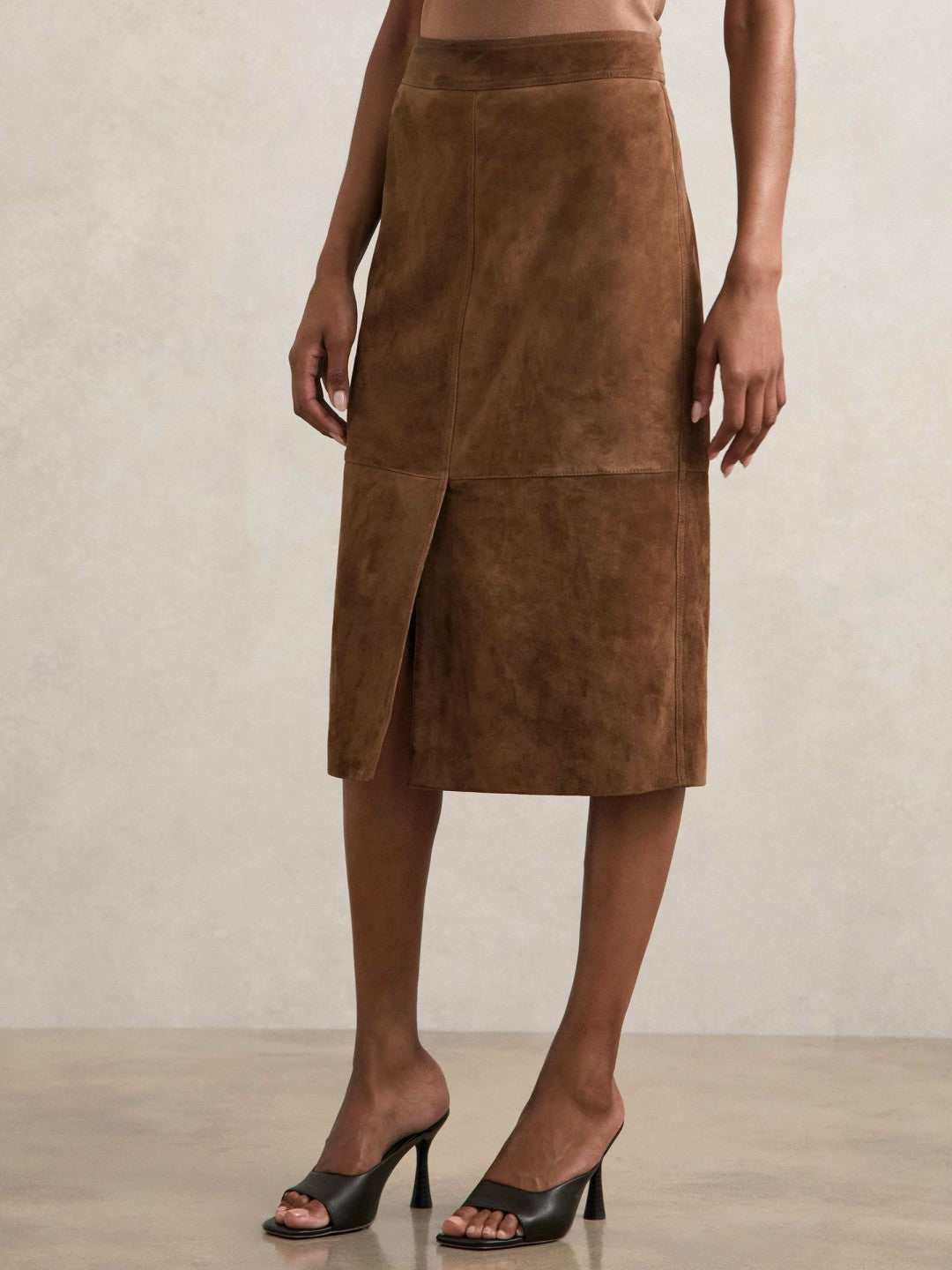 Suede Straight-Fit Midi Skirt Tan Brown | Women