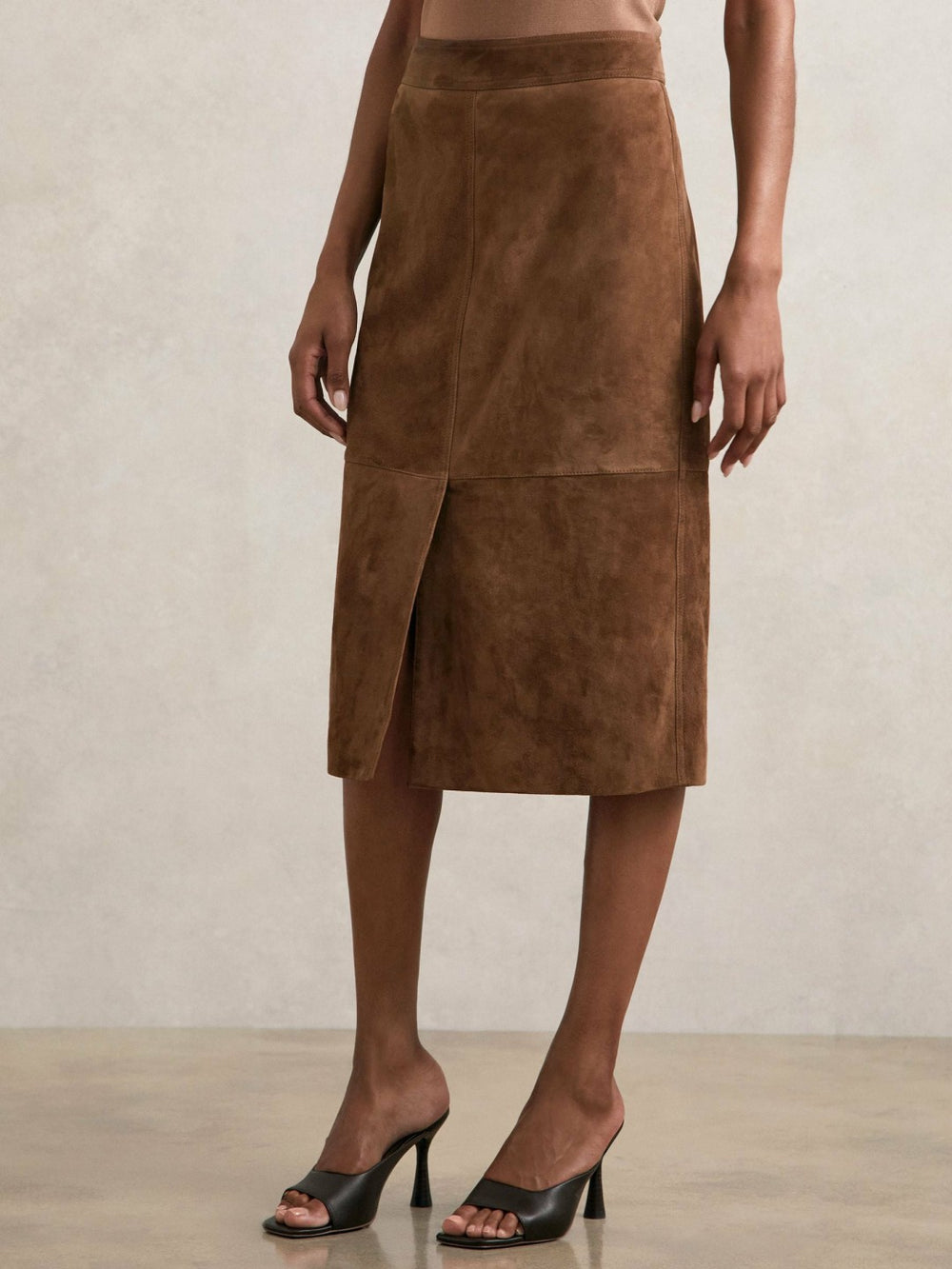 Suede Straight-Fit Midi Skirt Tan Brown | Women