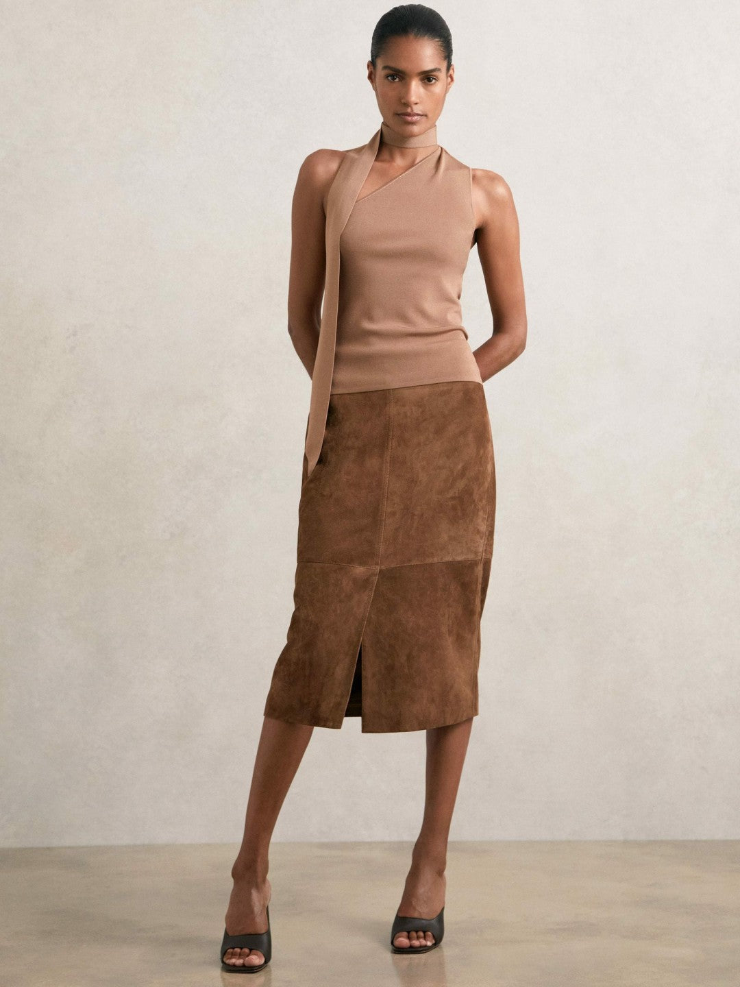 Suede Straight-Fit Midi Skirt Tan Brown | Women
