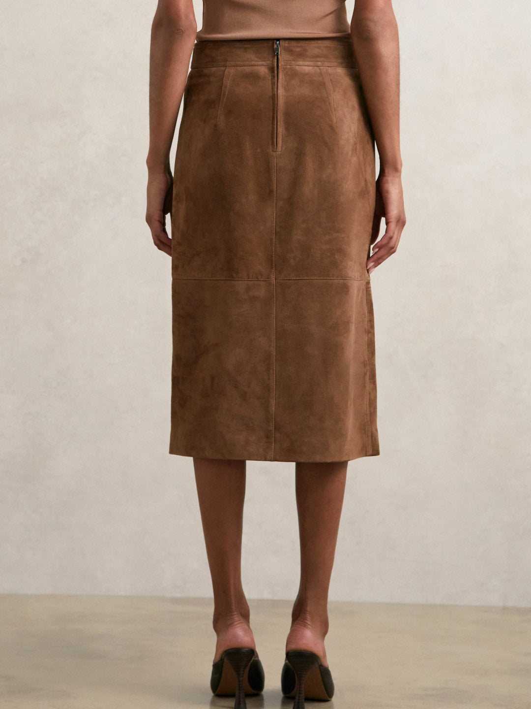Suede Straight-Fit Midi Skirt Tan Brown | Women