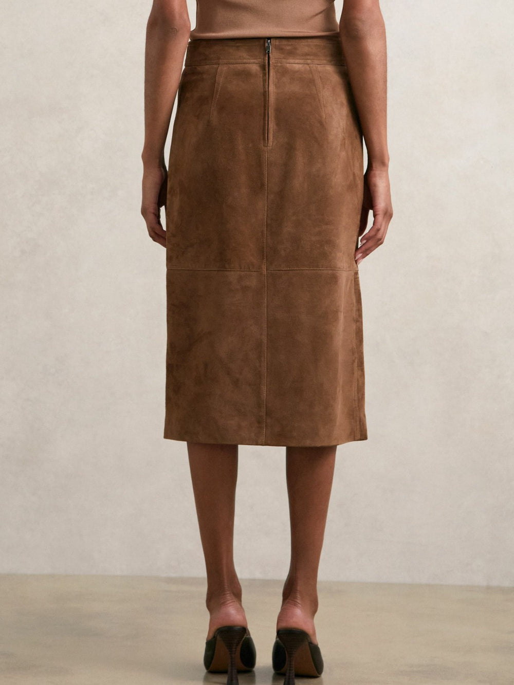 Suede Straight-Fit Midi Skirt Tan Brown | Women