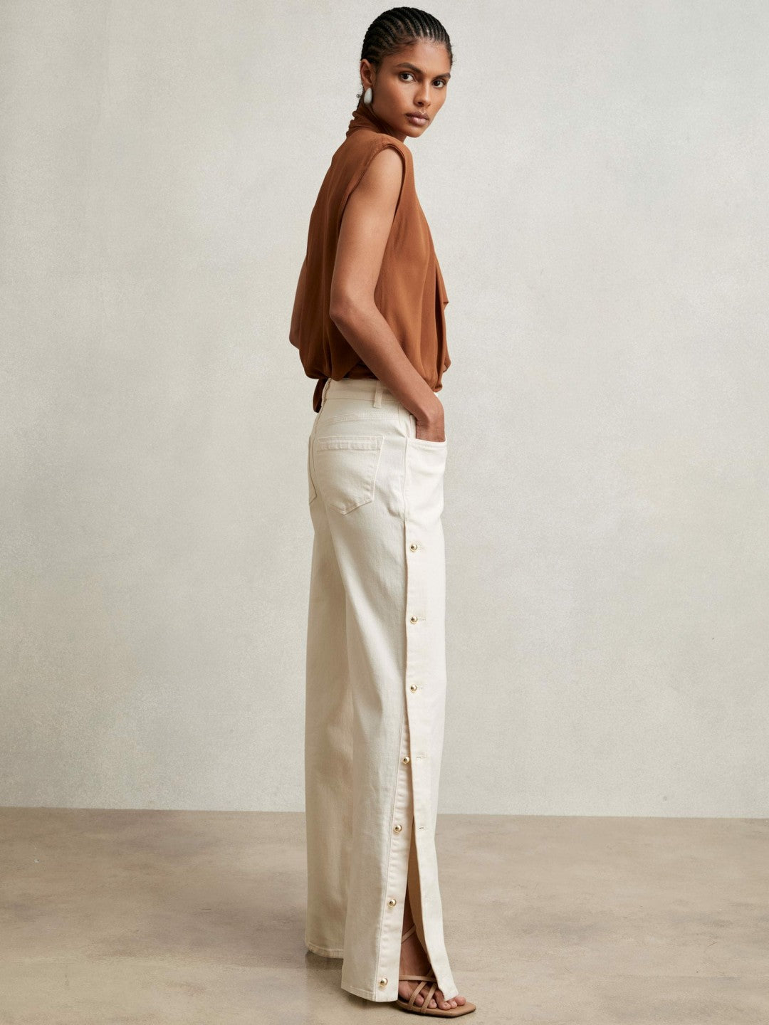 Petite Side Button Wide Leg Jeans Cream | Women
