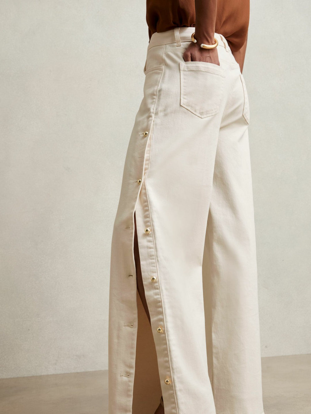 Petite Side Button Wide Leg Jeans Cream | Women