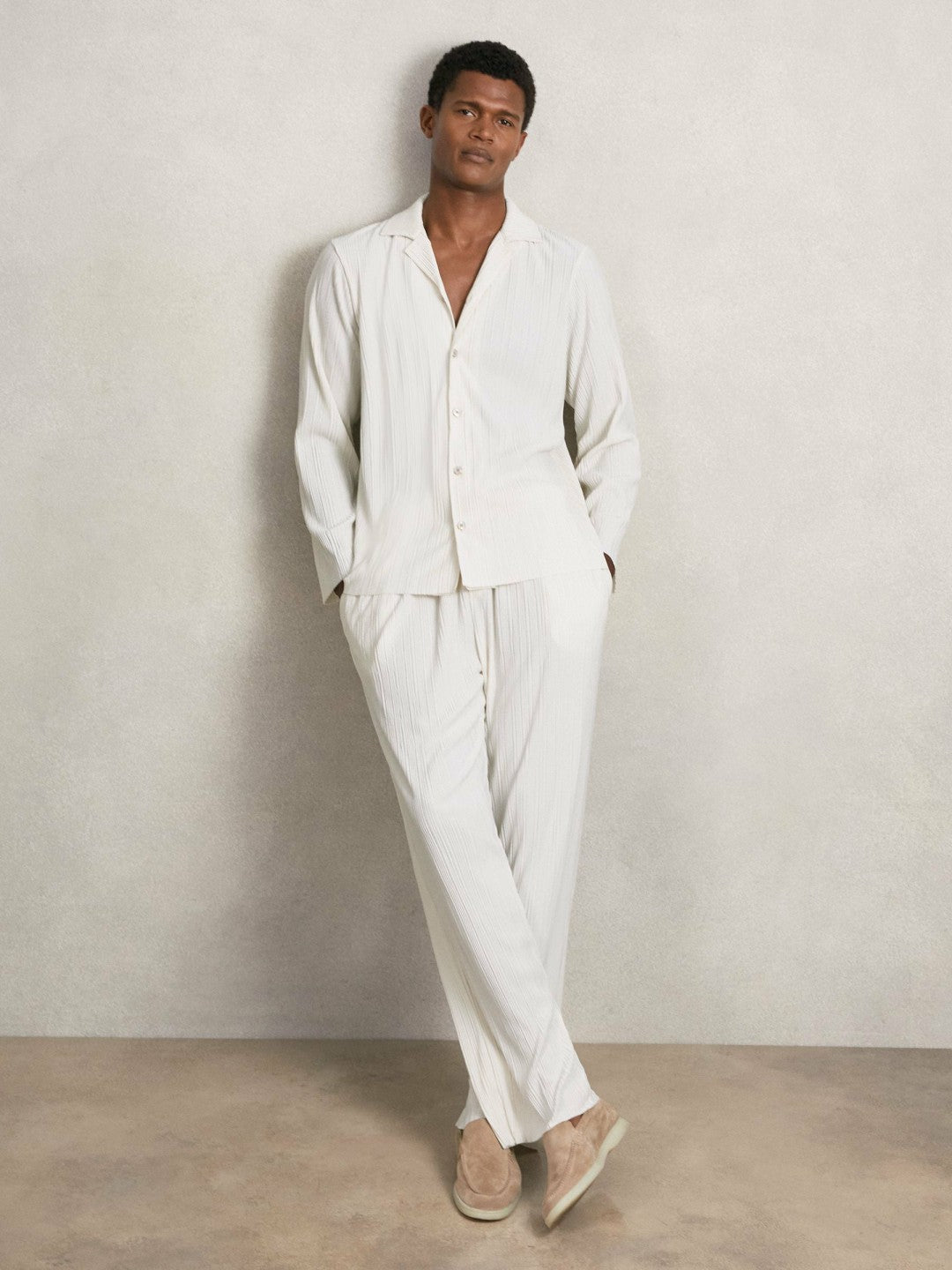 Plissé Cuban-Collar Long-Sleeve Shirt Off White | Men