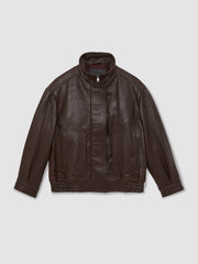 Oversize Grained-Leather Bomber Jacket Burgundy | Women
