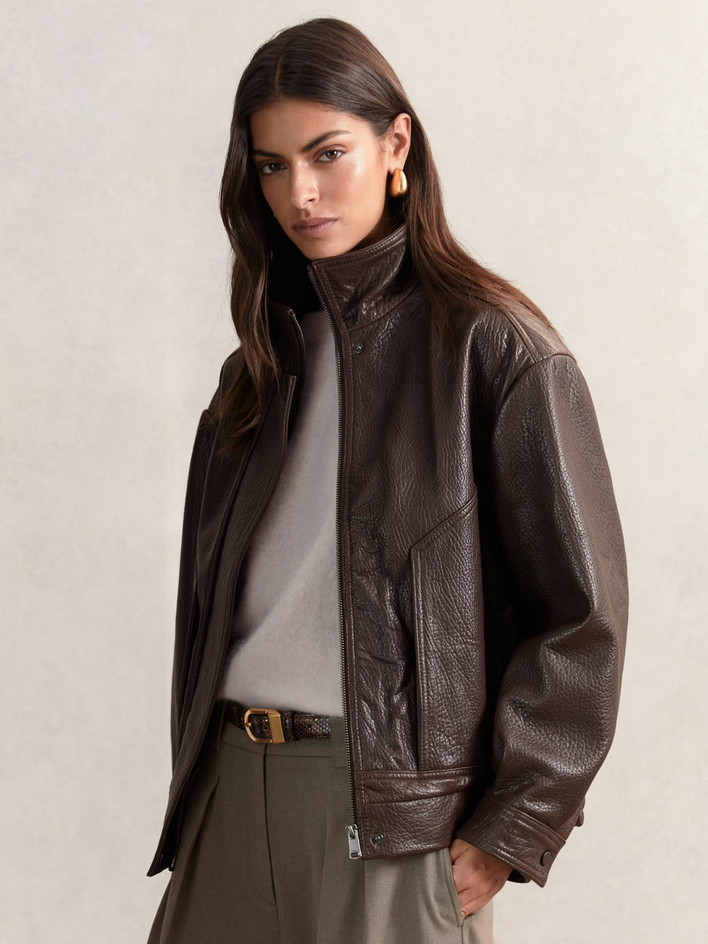 Oversize Grained-Leather Bomber Jacket Burgundy | Women