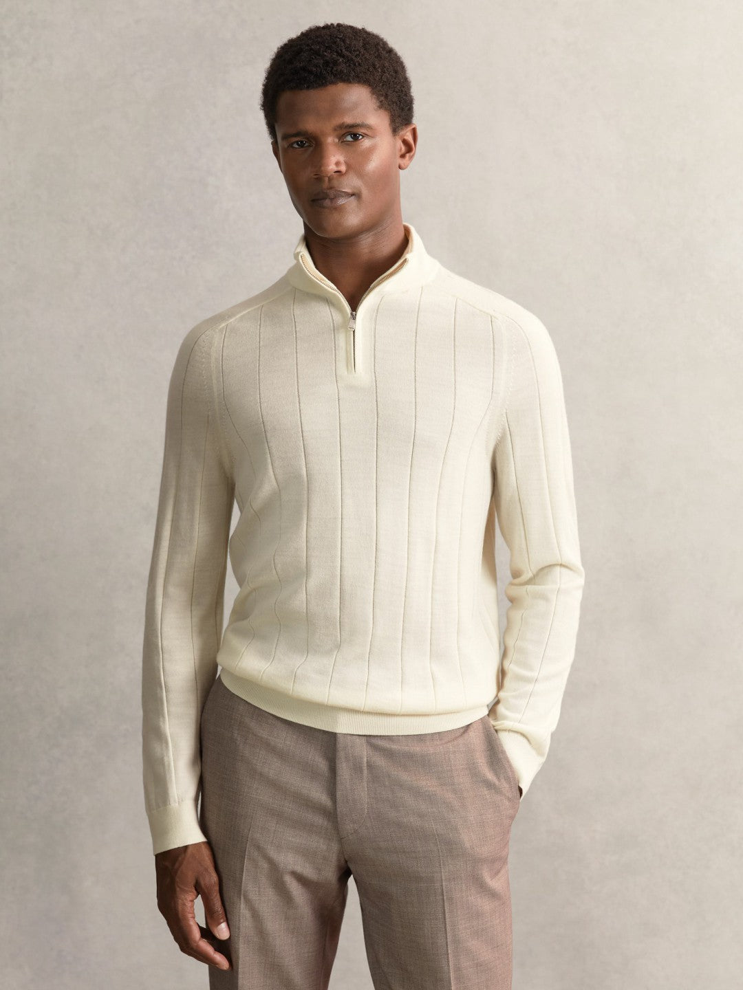 Merino Wool Wide-Rib Half-Zip Jumper Bianco | Men