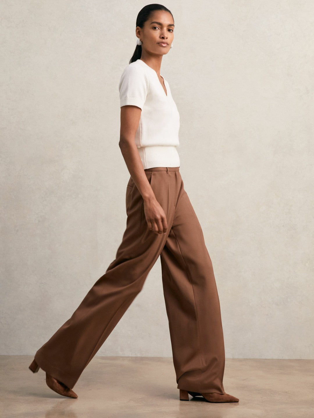 Cotton-Wool Knit V-Neck Top Ivory | Women