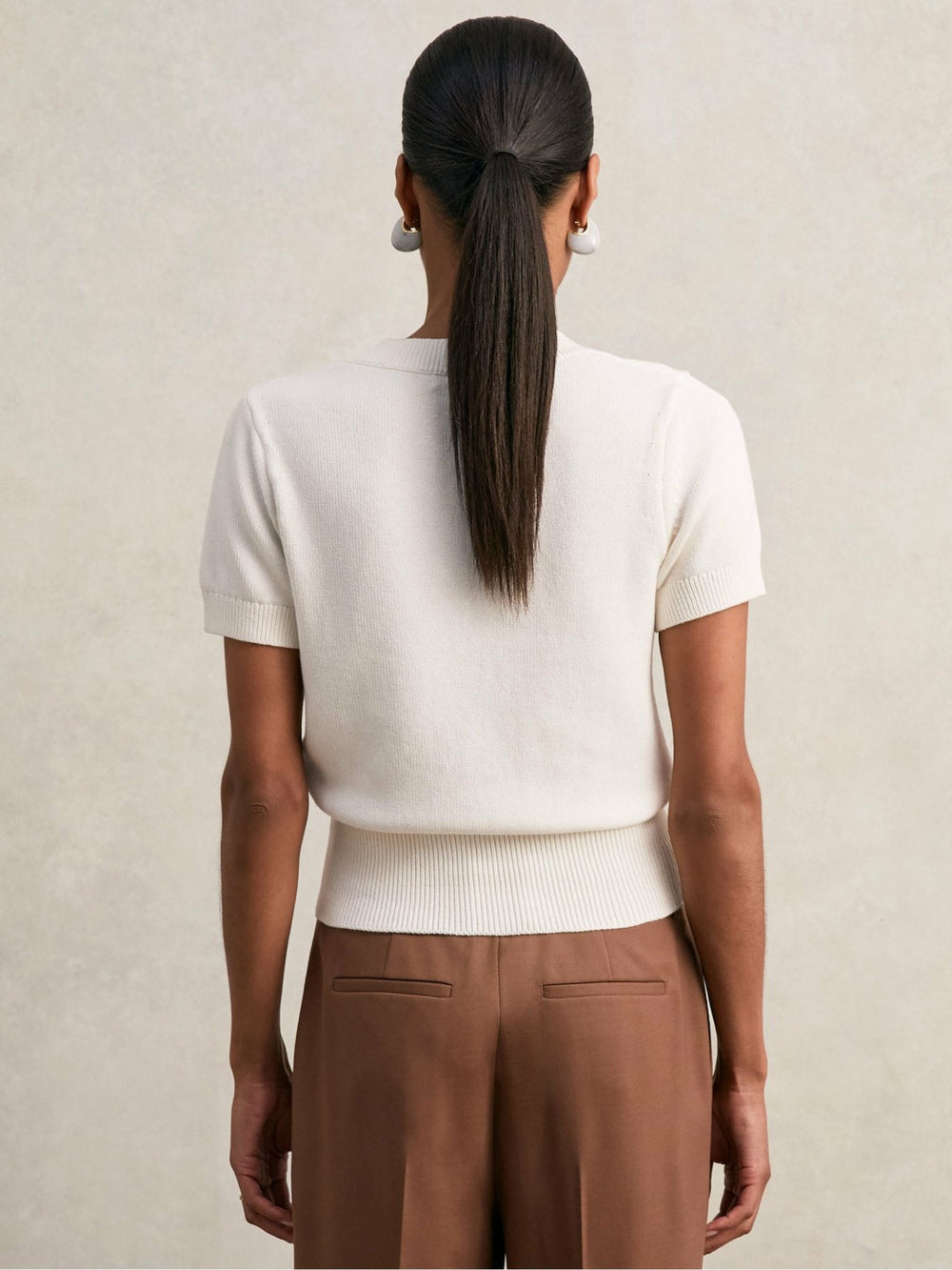Cotton-Wool Knit V-Neck Top Ivory | Women