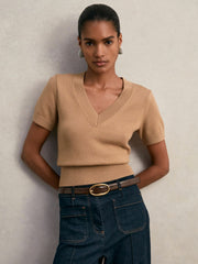 Cotton-Wool Knit V-Neck Top Camel | Women
