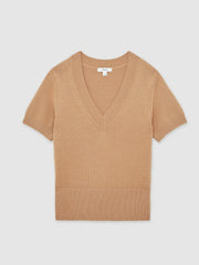 Cotton-Wool Knit V-Neck Top Camel | Women