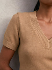Cotton-Wool Knit V-Neck Top Camel | Women