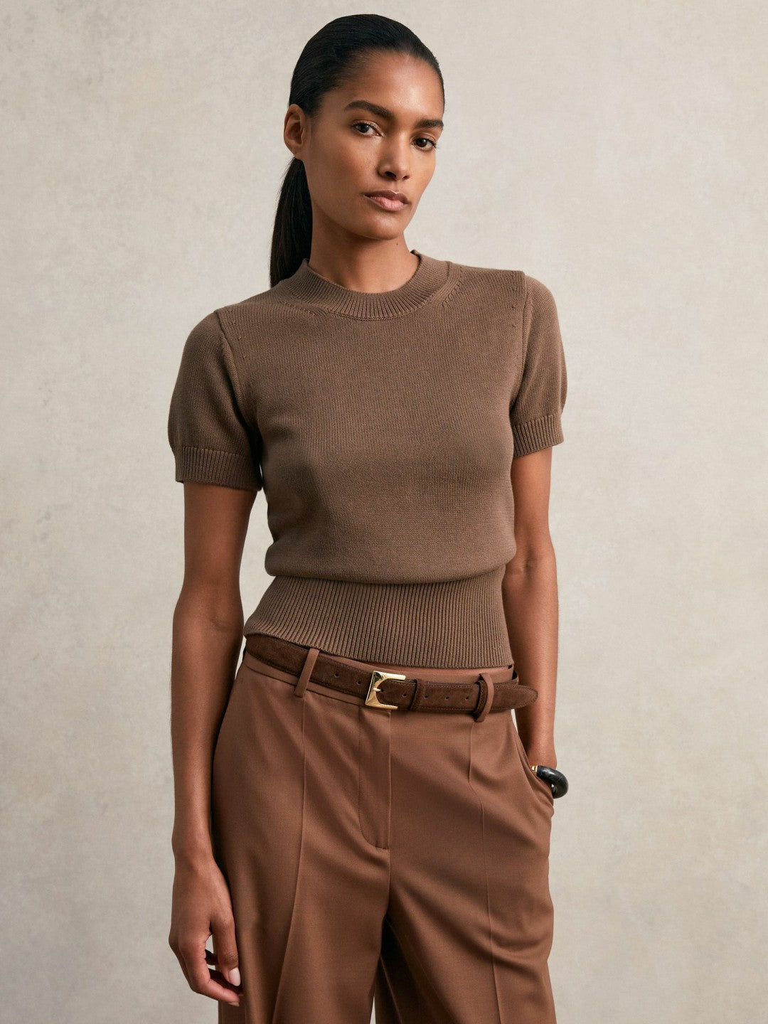 Cotton And Wool Crew-Neck Top Brown | Women