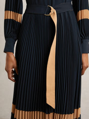 Colour-Block Pleated Midi Dress Navy/Camel | Women